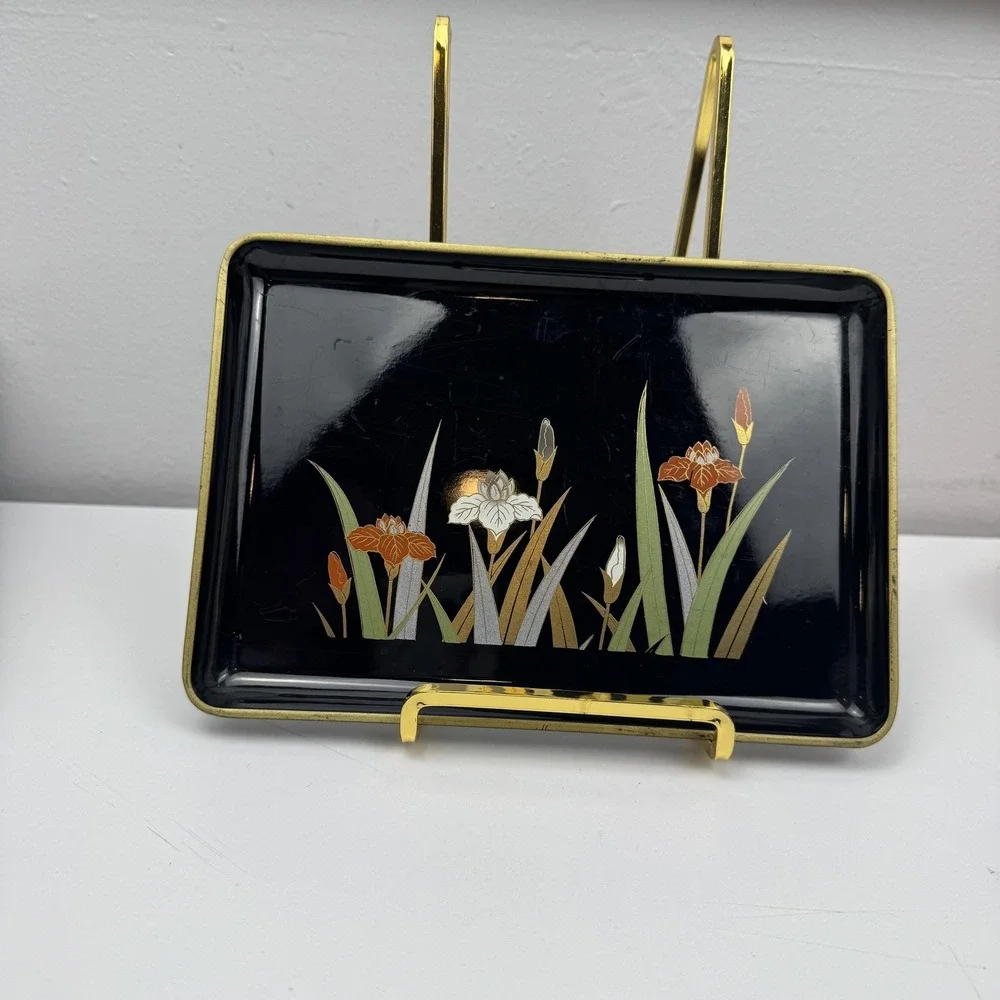 VVtg Otagiri Japan Black Lacquer Tray Iris Floral Gold MCM Serving‎ Trayr